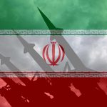 Iranian flag overlaid with image of military missiles.