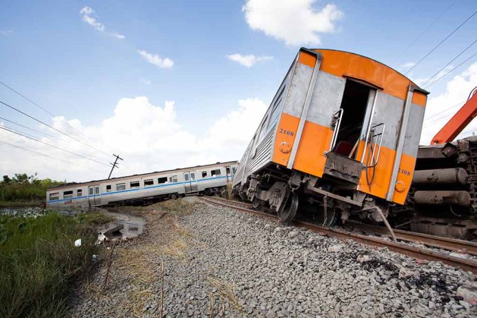 Tilted train derailed off tracks in rural area.