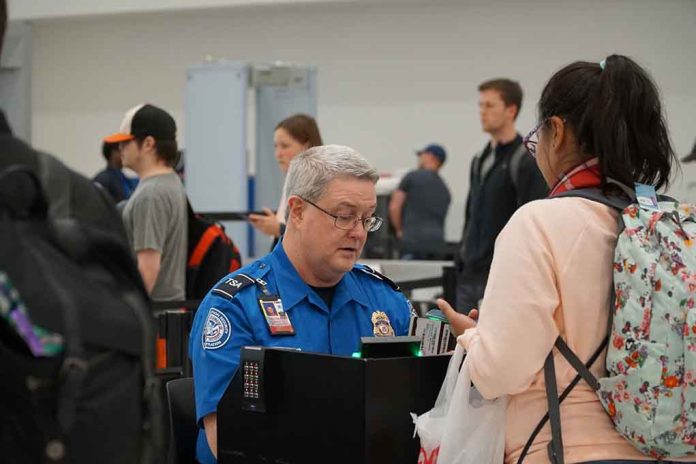 TSA agent checks passenger's documents at airport security.