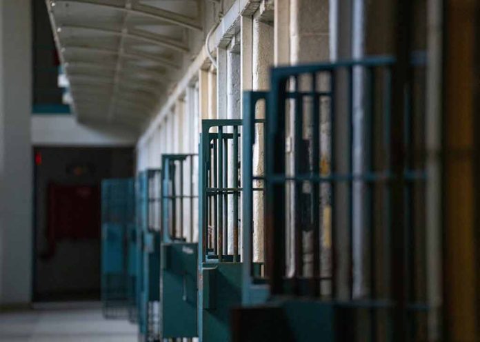 Prison cell block corridor with gated doors.