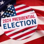 2024 Presidential Election text on American flag background.