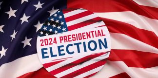 2024 Presidential Election text on American flag background.