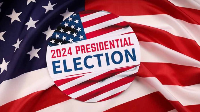 2024 Presidential Election text on American flag background.