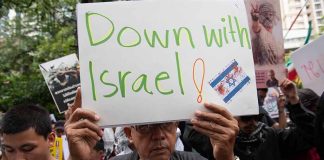 Person holding "Down with Israel" sign at protest.