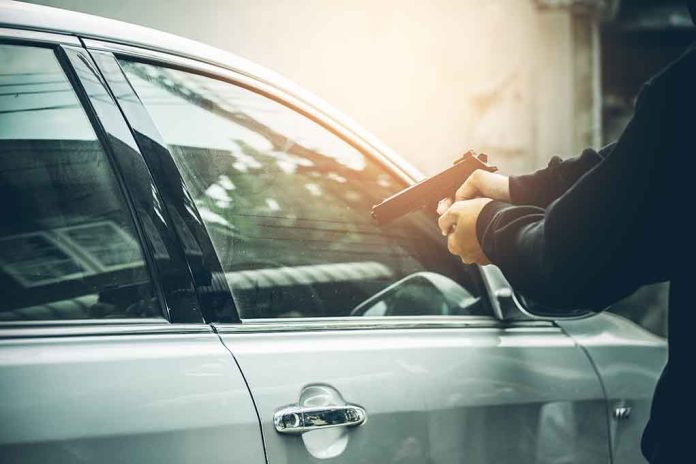 Person pointing gun at car window