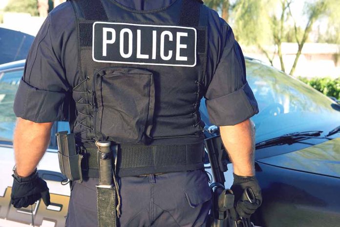 Police officer in uniform standing near a patrol car.