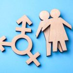 Figures and transgender symbol on a blue background.