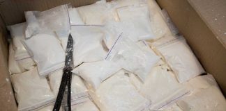 Bags of white powder with scissors in cardboard box.