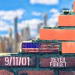 Brick wall with "9/11/01" and "Never Forget".