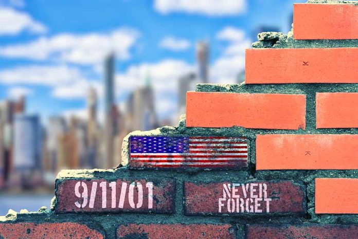 Brick wall with "9/11/01" and "Never Forget".