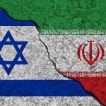 Israeli and Iranian flags divided by a cracked line.