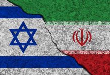 Israeli and Iranian flags divided by a cracked line.