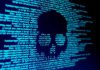 Blue code text with skull shape in center