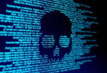 Blue code text with skull shape in center
