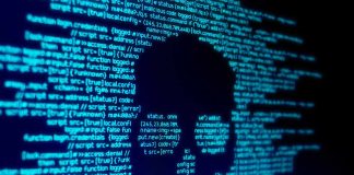 Blue code text with skull shape in center