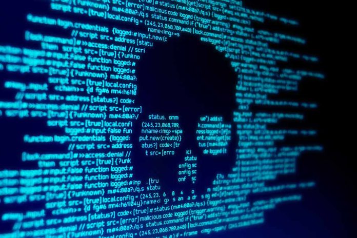 Blue code text with skull shape in center