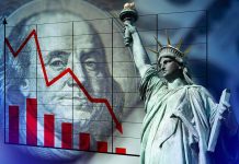 Statue of Liberty with declining stock chart overlay