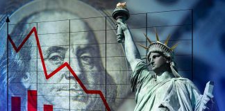 Statue of Liberty with declining stock chart overlay