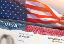 Closeup of US visa and flag image