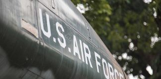 US Air Force plane with trees in background