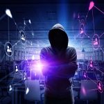 Hacker in hooded sweatshirt with digital connections overlay
