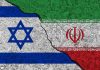 Israeli and Iranian flags divided by a cracked line