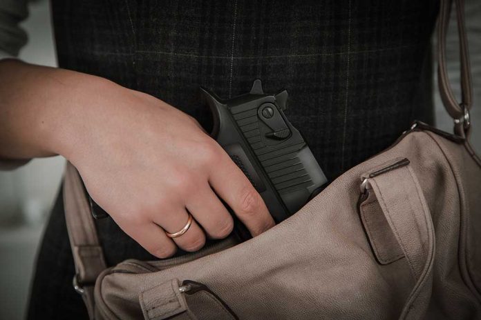 427035313 featured image Hand placing handgun into beige handbag