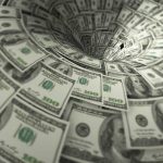 Hundreddollar bills swirling into a financial vortex