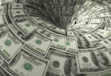 Hundreddollar bills swirling into a financial vortex