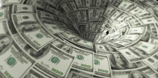 Hundreddollar bills swirling into a financial vortex