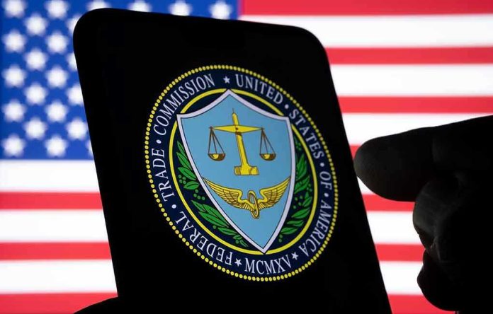 1999129859 FTC logo on smartphone with American flag background