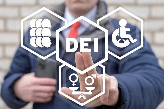 2116224122 Person pointing at DEI symbols on glass