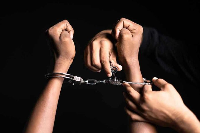 2160794121 Handling handcuffs and unlocking with a key