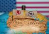 Republican and Democratic flags on USA map background