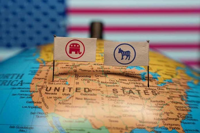 Republican and Democratic flags on USA map background