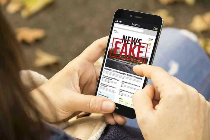 Person holding smartphone displaying fake news notification