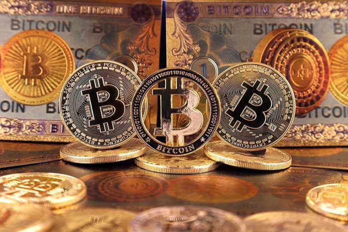 1930952738 Bitcoins and Bitcoin-themed banknotes in various designs.