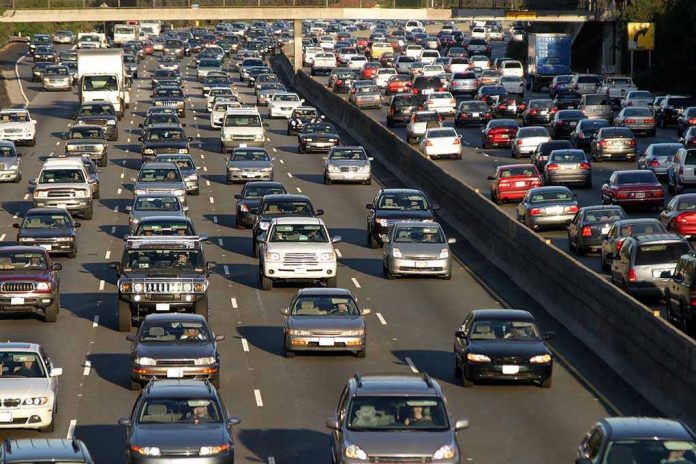 2916753 Heavy traffic on a multi-lane highway.