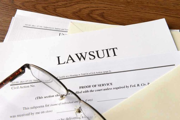 Documents labeled Lawsuit with glasses on top
