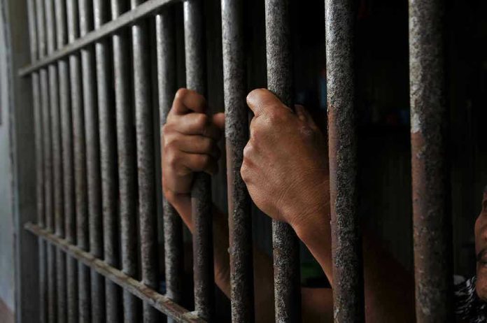 2452368639 Hands gripping prison cell bars tightly.