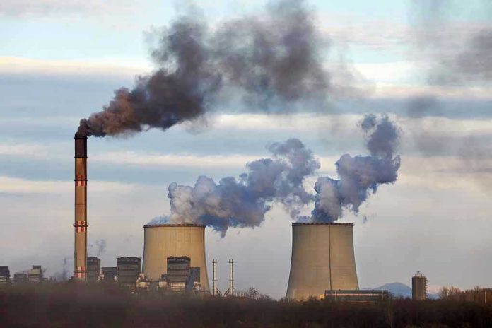 Industrial plant emitting black smoke into the sky.