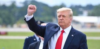 Man in suit raising fist near parked car.