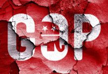 Trump TORCHES GOP – Party Fractures Explode Cracked wall featuring the GOP logo in red and white