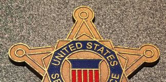 Golden badge of the United States Secret Service displayed on a surface