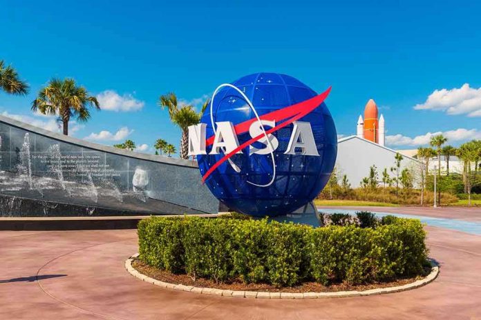 1141345862 NASA logo sculpture with spaceship and palm trees.