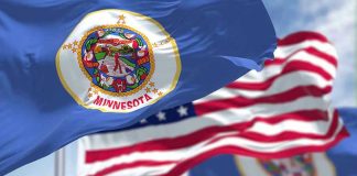 Minnesota state flag with American flag in background.
