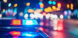 Heroic Officer Guns Down Serial Rapist Police car with flashing lights at night.