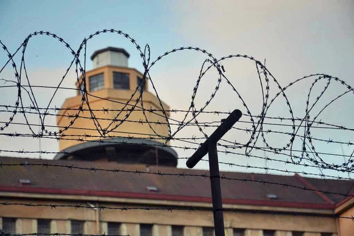 356278409 Barbed wire in front of a prison tower.