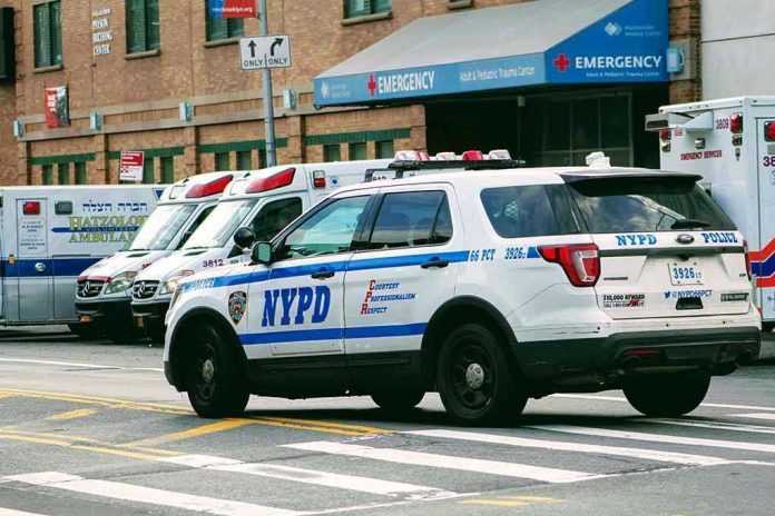 Police car and ambulances outside emergency room entrance.