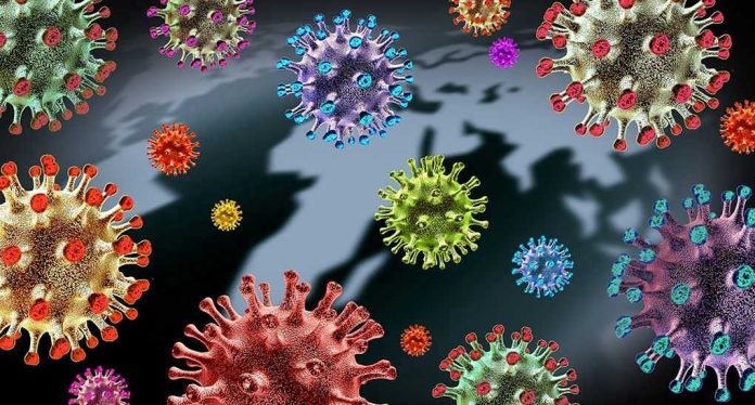 Colorful virus illustrations over a world map.